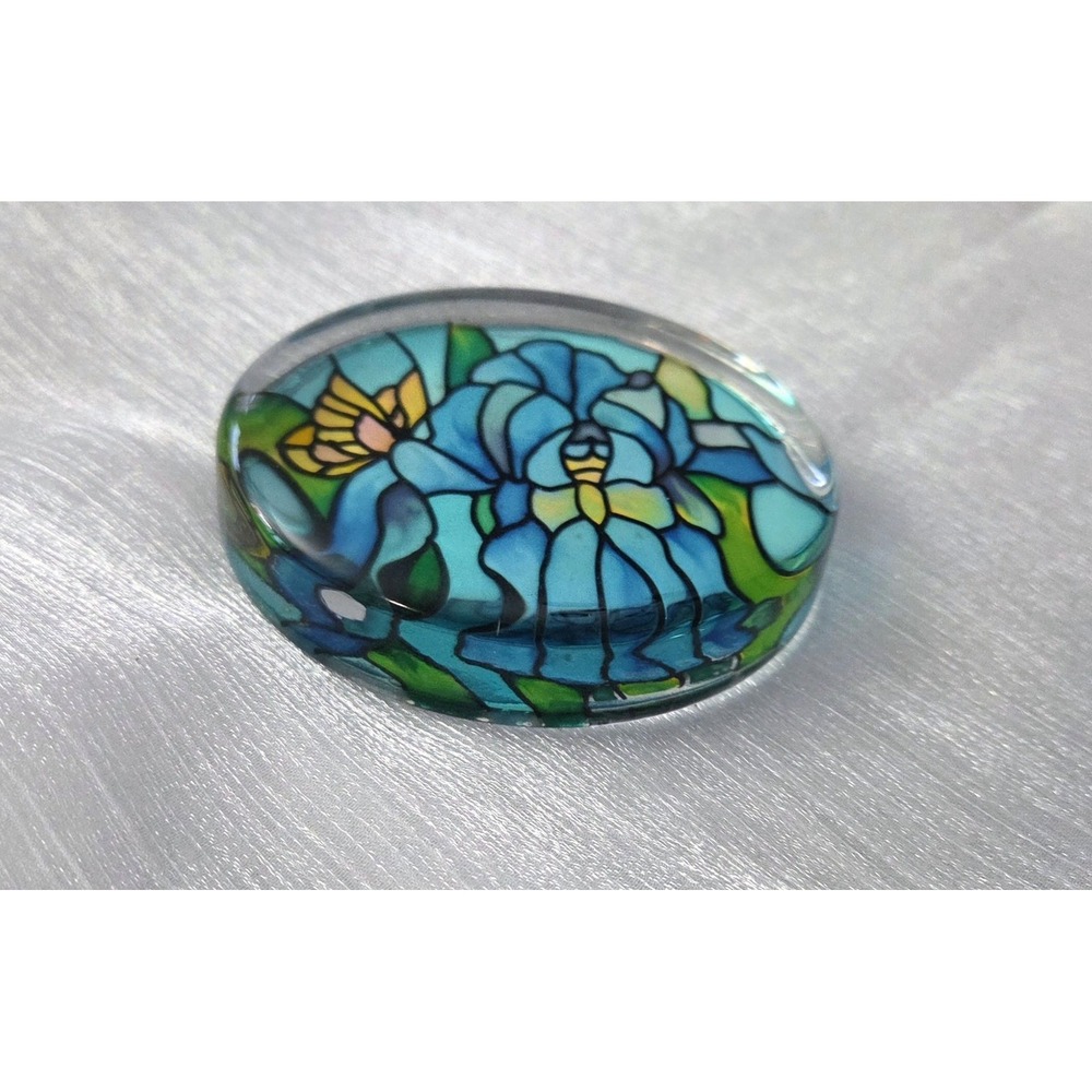 Joan Baker Designs Blue Iris Butterfly Handpainted Stained Glass Paperweight - Picture 3 of 5